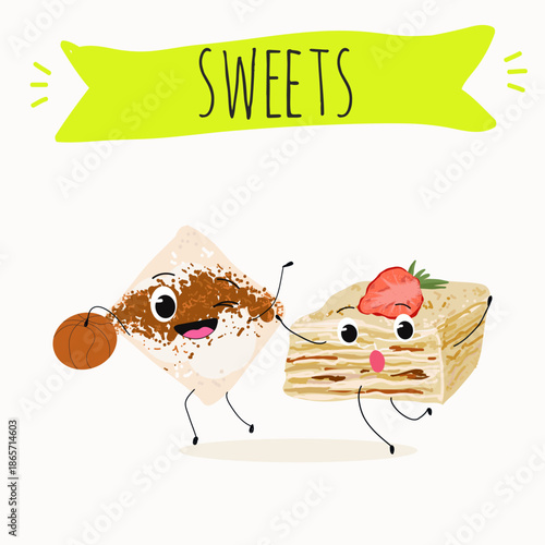 Funny Characters Turkish Tavuk Gogsu, Gullach, dessert, Eastern sweets. Hand drawn vector illustration.