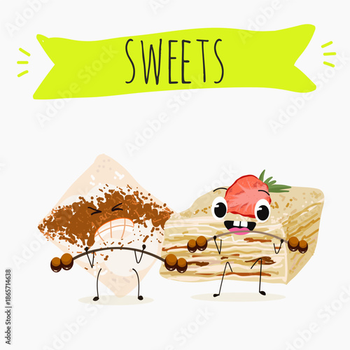 Funny Characters Turkish Tavuk Gogsu, Gullach, dessert, Eastern sweets. Hand drawn vector illustration.