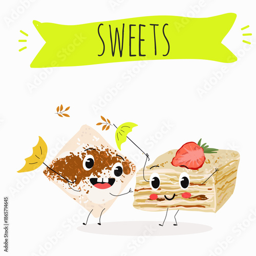 Funny Characters Turkish Tavuk Gogsu, Gullach, dessert, Eastern sweets. Hand drawn vector illustration.