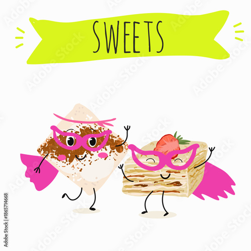 Funny Characters Turkish Tavuk Gogsu, Gullach, dessert, Eastern sweets. Hand drawn vector illustration.