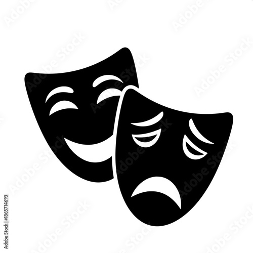 Graphic illustration of comedy and tragedy masks, happy mask on the left behind a sad mask on the right, bold black silhouettes, white line facial features, flat design, stark white background