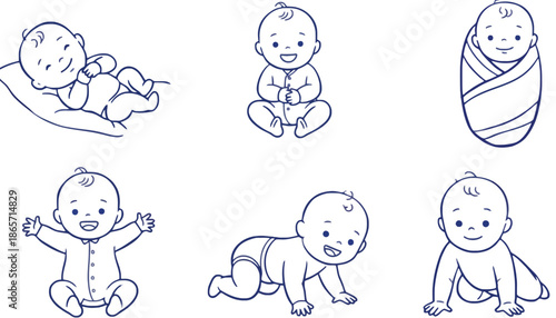 A set of adorable baby illustrations in various playful poses silhouette