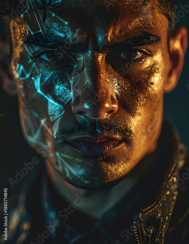 Cybernetic Man: A portrait of a man with cybernetic enhancements etched across his face, a fusion of humanity and technology, hinting at a futuristic narrative.