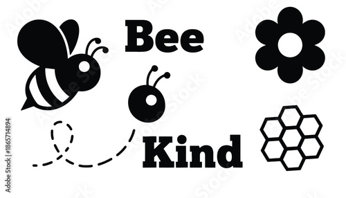 A bee flying towards a flower with the words Bee Kind written nearby in a kind gesture silhouette