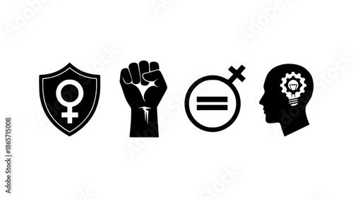 Empowerment Symbol Set Featuring Female Protection Shield Raised Fist Gender Equality Icon And Creative Brain Cog
