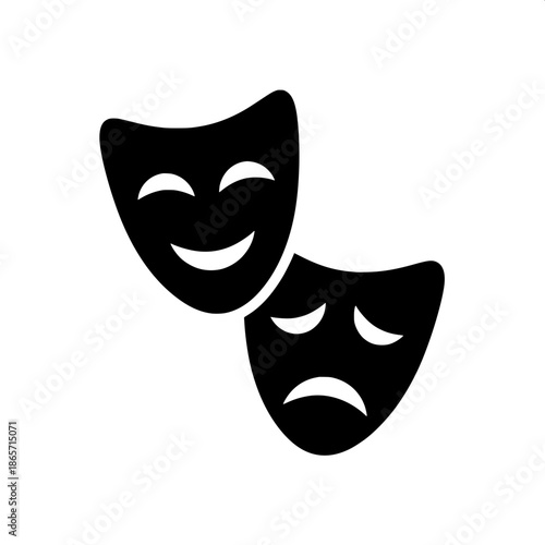 Modern theatrical symbol, two overlapping black theater masks, one smiling and one sad, simple line expressions, minimalist vector art, logo-ready composition