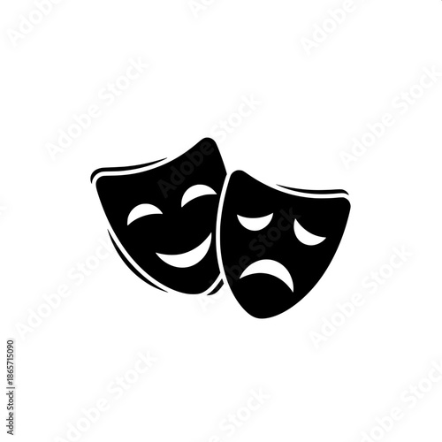 Modern theatrical symbol, two overlapping black theater masks, one smiling and one sad, simple line expressions, minimalist vector art, logo-ready composition