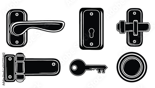 A set of door hardware including handles and a key in silhouette mode