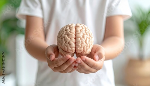 Person Holding a Realistic Brain Model in Hands Symbolizing Knowledge and Cognitive Development