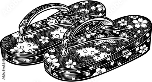 Traditional Japanese Geta sandals illustration featuring intricate floral cherry blossom patterns and cloud designs in a detailed black and white woodcut style