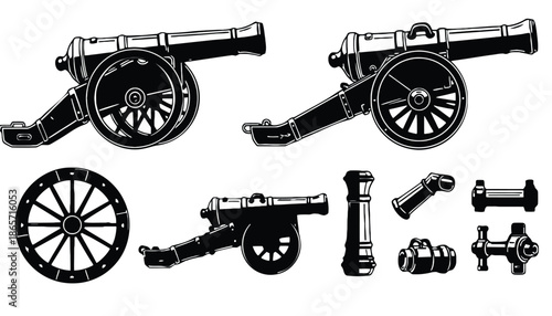 A collection of old cannons and their parts in silhouette mode