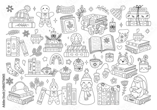 Winter books coloring page, Christmas bookish outline, Book lover coloring for kids and adults, Doodle cartoon style, Hand drawn elements, Activity classroom drawing template.