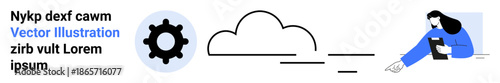 Cloud computing, data access, digital services, tech innovation, remote work, process automation. Gear, cloud connection and person engaging with tech. Cloud computing and data access