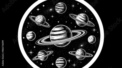 Black and white celestial illustration featuring Saturn with rings and multiple planets in a circular cosmic outer space galaxy design