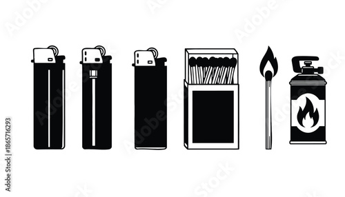A set of black and white icons depicting various fire starting tools silhouette
