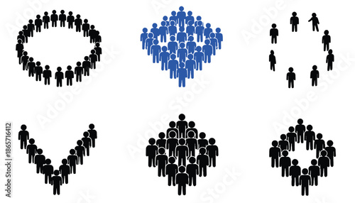 A group of people forming various shapes with their silhouettes together