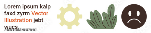Communication, emotions, environment, technology, creativity, placeholders. Beige gear, green plant brown sad face and placeholder text. Communication and emotions concept
