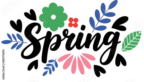 A colorful spring graphic with flowers and leaves in a creative design silhouette
