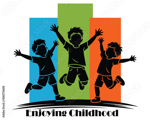 Children jumping in joy and happiness together outdoors
