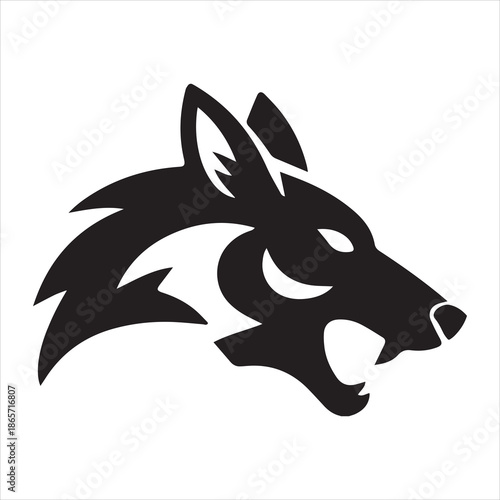 Black and white stylized wolf head silhouette with sharp teeth and pointed ears