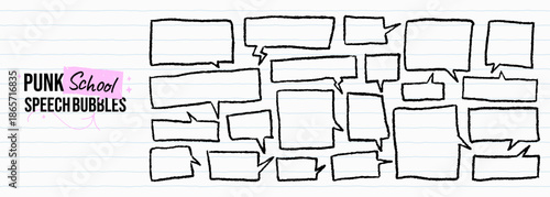 Punk school crayon drawn rectangular speech bubbles. Comic funky text boxes with ballpoint pen strokes. Rough marker chalk outlines on lined notebook paper. Vector dialog frames for text emphasis.