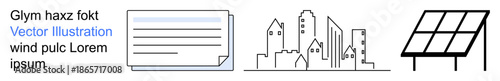 Renewable energy, sustainable cities, urban planning, clean technology, eco-friendly initiatives, energy efficiency. Minimalist cityscape, solar panel and a document. Sustainable cities