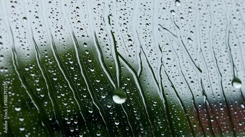 Rain droplets on windowpane with green background