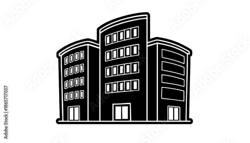 A modern black building with white lines and windows silhouette