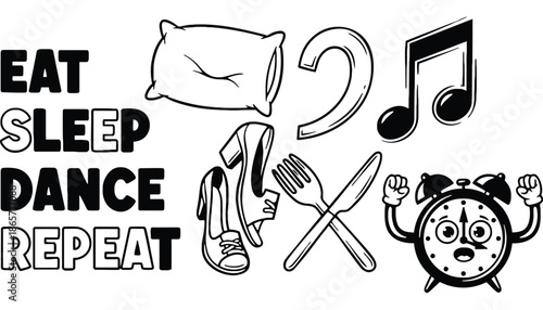 A black and white illustration of a daily routine silhouette