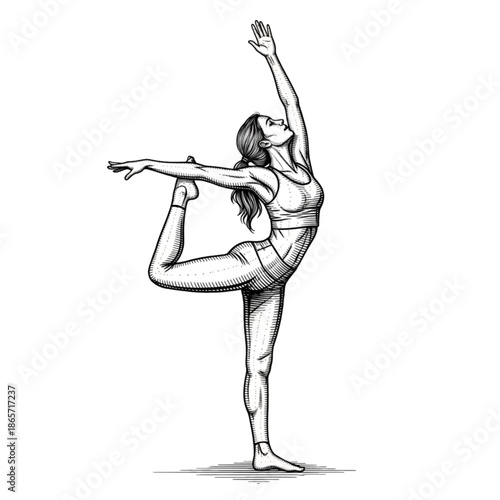 Graceful Woman Practicing Yoga Balance Pose Illustration, Black and White Line Art Style, Isolated on White Background, Wellness and Mindfulness Concept for Poster and Fitness Design