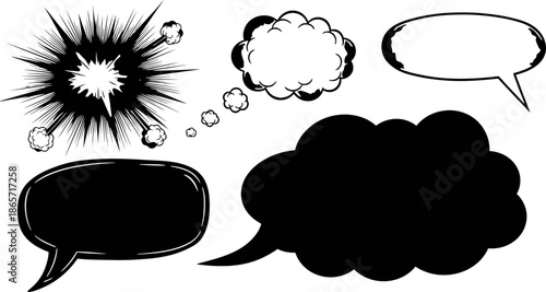 Comic Speech Bubble Set Explosion Shapes Vintage Hand Drawn Cartoon Thinking Clouds Dialogue Frame