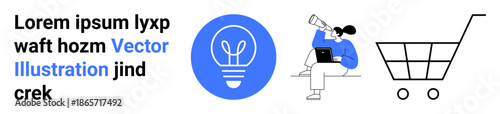 Innovation, e-commerce, creative ideas, online search, shopping, market research. Light bulb and shopping cart icons, person using laptop and telescope. Innovation and e-commerce concepts