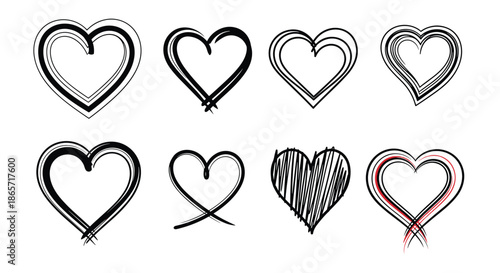 Collection of hand drawn heart shapes in various sketch and scribble styles for romantic themes and valentines day decorations.