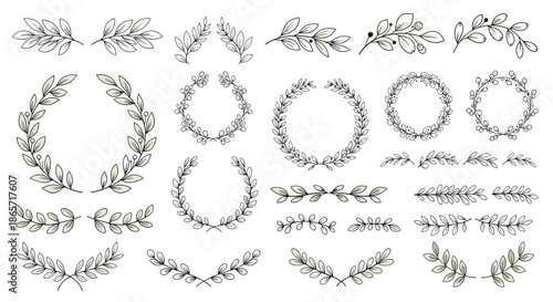 Assortment of hand drawn botanical wreaths and leafy branches in a sketch style for nature inspired graphic design and invitations.