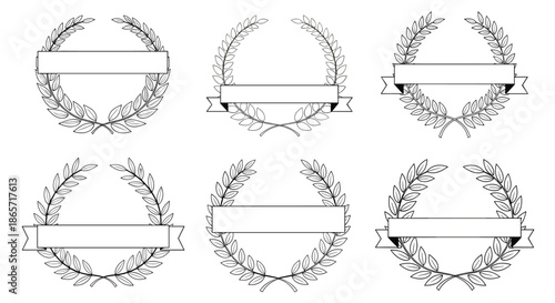 Six laurel wreath emblems with central banners for text labels representing success achievement and award certificates in classic style.