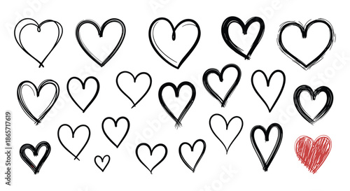 Variety of small hand drawn heart doodles in black ink with one red colored heart for unique romantic accent in graphic projects.
