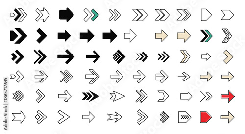 Comprehensive set of arrow icons in different shapes and styles including solid outline and colored designs for navigation use.