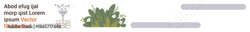 Data processing, technology, nature, communication, visualization, content curation. A funnel filtering data into a table, a plant illustration and text placeholders. Data processing and technology