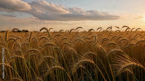 Golden wheat field swaying gently at sunset