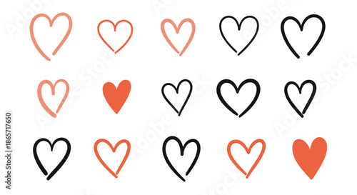 Collection of simple hand drawn heart icons in black ink and coral colors for cute romantic cards and valentine decorations.