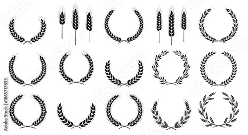 Collection of wheat wreath icons and individual stalks representing harvest and agriculture for bakery labels or organic products.