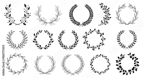 Selection of botanical wreaths and leafy circular frames in different artistic styles for nature themed labels and wedding stationary.