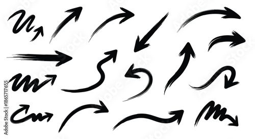 Set of hand drawn black brush stroke arrows with realistic ink texture for dynamic directional cues and artistic design accents.
