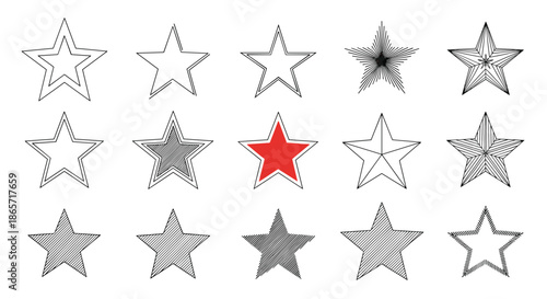 Assortment of star icons featuring different line weights textures and one red colored star for rating and achievement symbols.