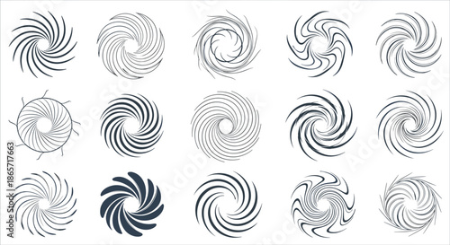 Collection of dynamic spiral and swirl icons with radiating curved lines for abstract motion and energy themed graphic elements.