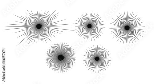 Collection of five radiating starburst and explosion shapes with numerous fine lines for dynamic visual effects and comic accents.