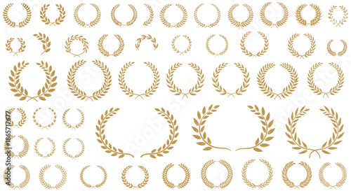 Large collection of small golden laurel wreath icons in various designs for multiple award levels and victory achievement symbols.