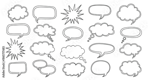 Set of outlined speech and thought bubbles in various shapes like clouds and explosions for comic style dialogue and callouts.