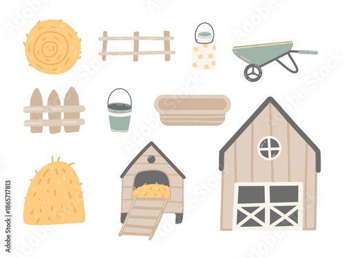 Gentle Farm Elements Set in Naive Hand Drawn Style