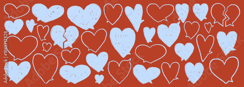 Crayon heart speech bubbles set. Hand drawn chalk empty vector talk balloons for text. Doodle love dialog balloons with charcoal pencil texture emphasis elements. Cute funky childish shapes.